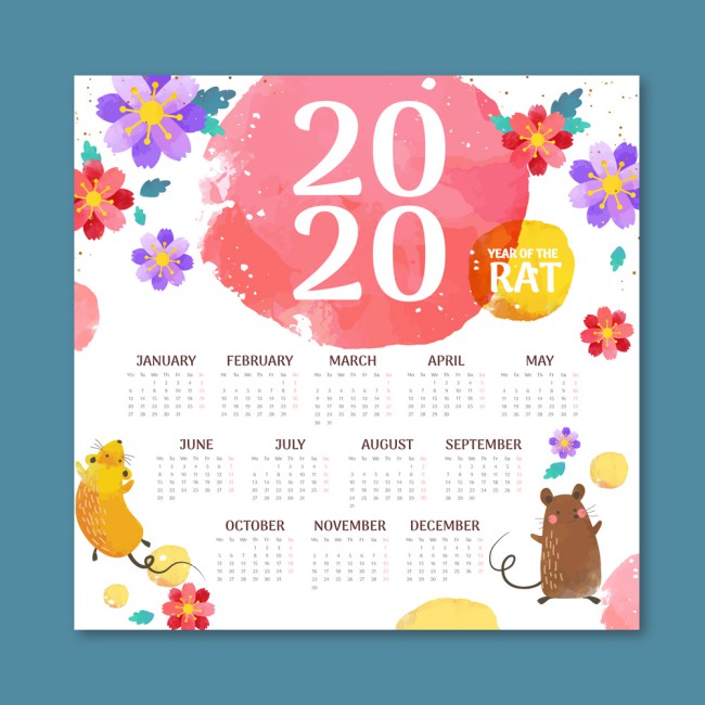 2020年彩绘花卉和老鼠年历矢量图16图库网精选