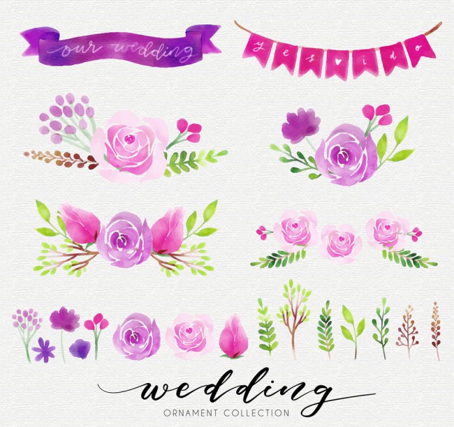 21款紫色婚礼花卉元素矢量素材素材