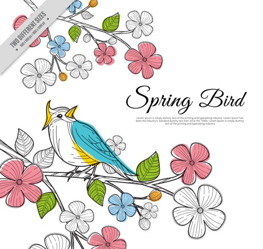 创意春季粉色花枝上的彩色小鸟矢量图普贤居素材网精选