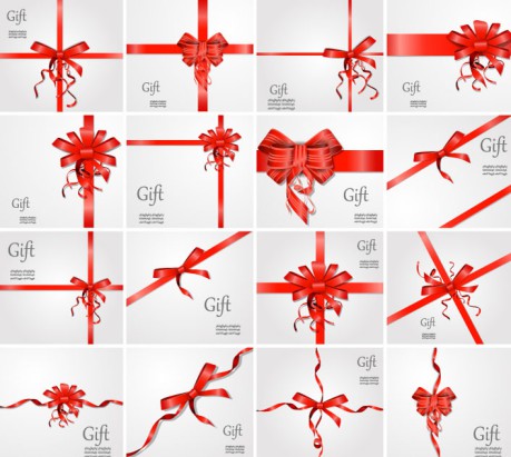 16款红色丝带蝴蝶结装饰礼物卡片矢量图普贤居素材网精选