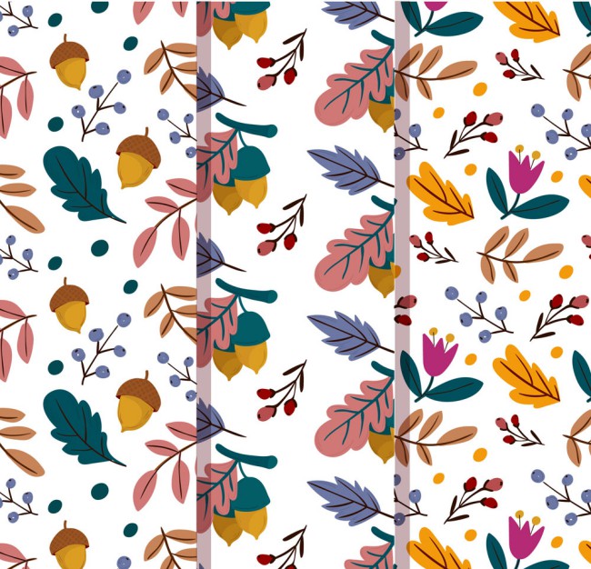3款彩色秋季树叶和花卉无缝背景矢量图16图库网精选