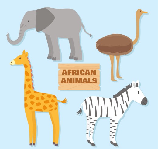 大象鸵鸟长颈鹿斑马4种非洲动物矢量素材普贤居素材网精选