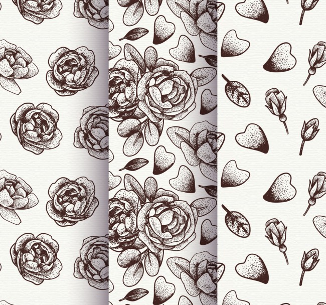 3款手绘无色玫瑰花无缝背景矢量图普贤居素材网精选