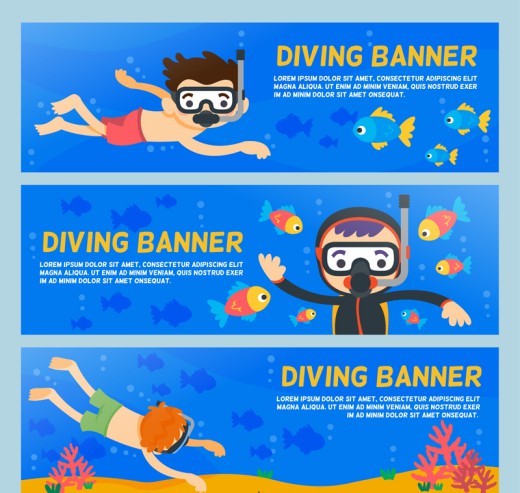 3款卡通潜水人物banner矢量素材16设计网精选