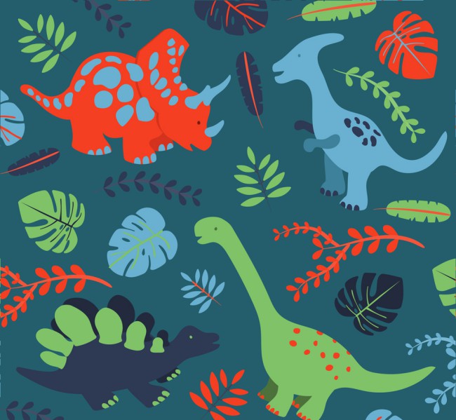 彩色恐龙和树叶无缝背景矢量素材普贤居素材网精选