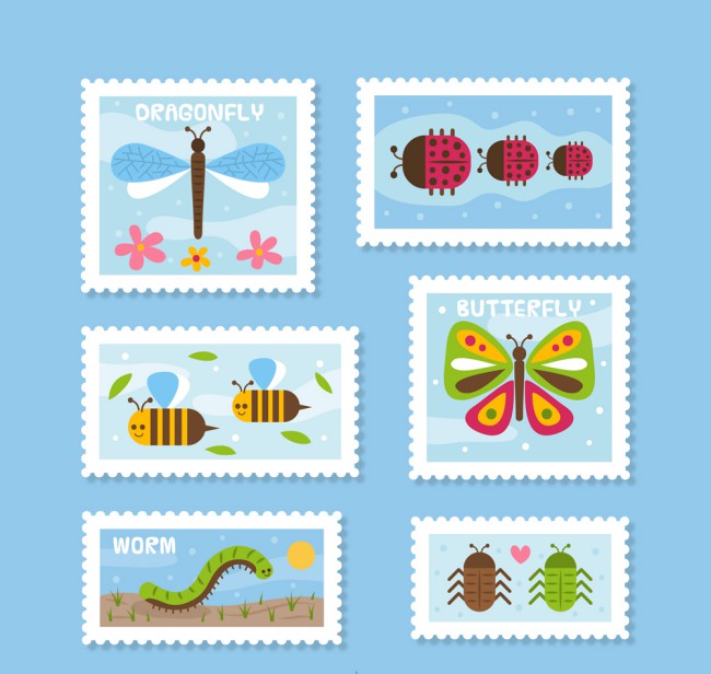6款彩色昆虫邮票设计矢量图普贤居素材网精选