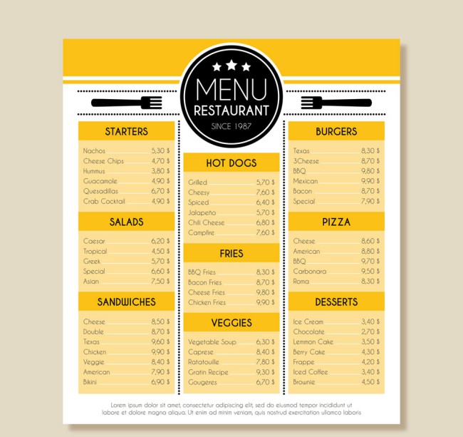 黄色餐馆菜单设计矢量素材16素材网精选