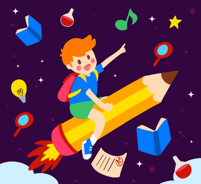 创意坐铅笔火箭的男孩矢量素材普贤居素材网精选