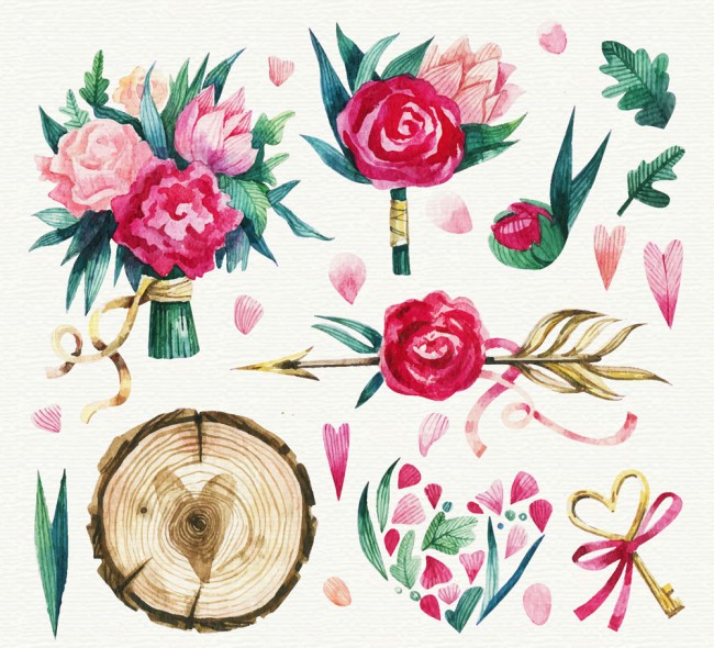 9款彩绘玫瑰花束和木桩矢量素材素
