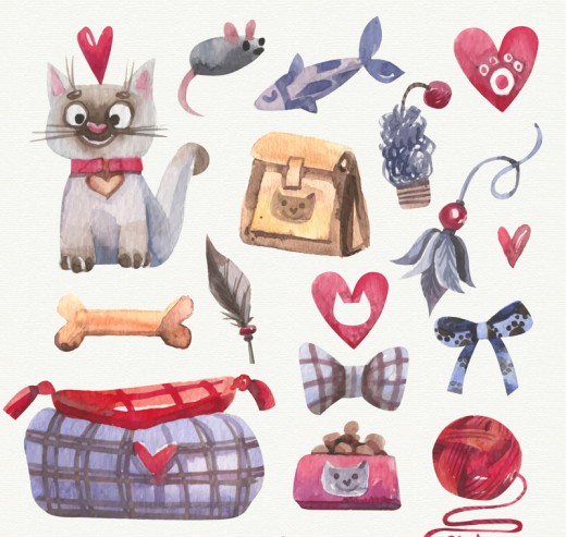 16款水彩绘猫咪和宠物用品矢量图素材中国网精选