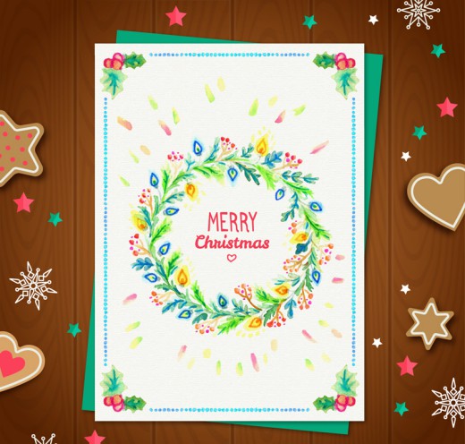 彩绘圣诞花环贺卡和木纹背景矢量素材普贤居素材网精选
