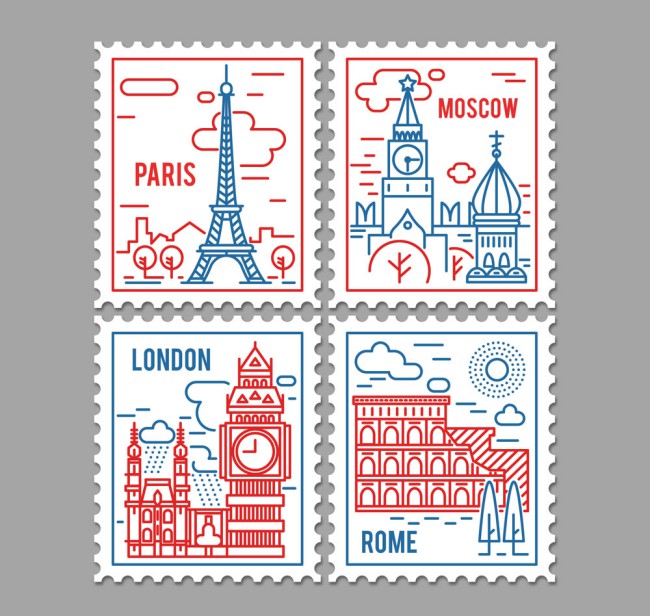 4款彩绘著名景点邮票矢量素材素材