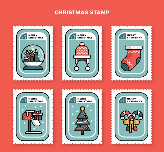 6款白边圣诞节邮票矢量素材普贤居素材网精选