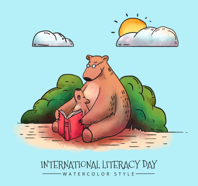 彩绘国际扫盲日读书的熊父子矢量图