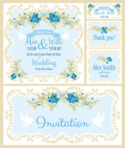 5款蓝色花卉婚礼邀请卡矢量素材16设计网精选