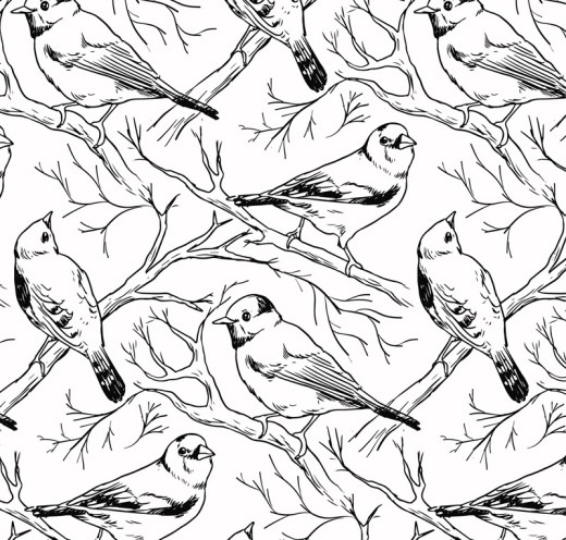 手绘树枝上的鸟无缝背景矢量素材16图库网精选