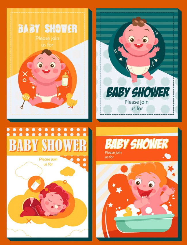 4款卡通婴儿迎婴派对邀请卡矢量素材16设计网精选