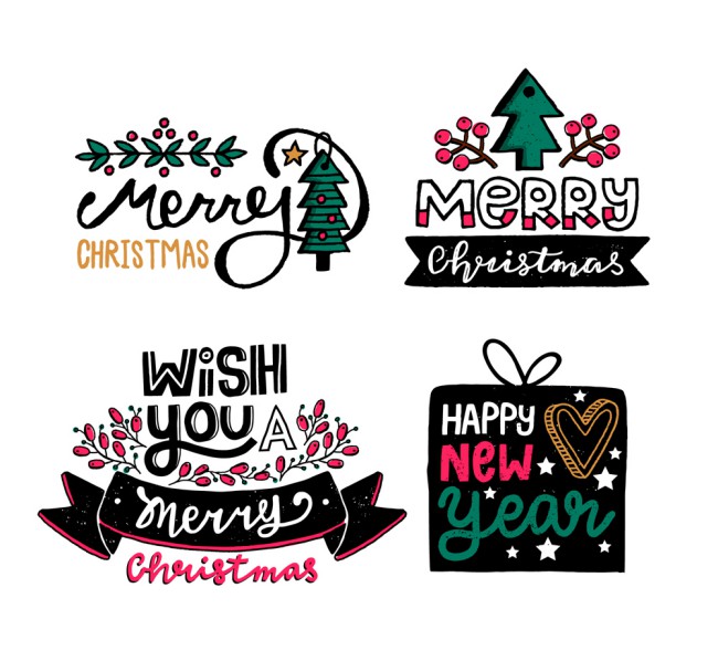 4款彩色圣诞快乐艺术字标签矢量图素材天下精选
