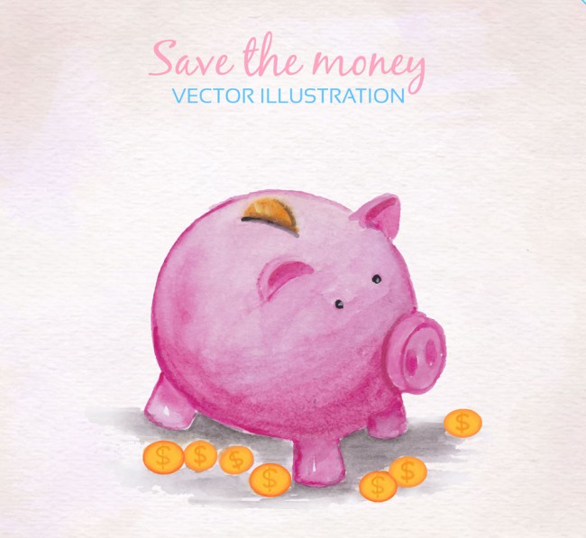 彩绘粉色猪存钱罐和金币矢量素材普贤居素材网精选