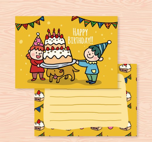 可爱儿童生日祝福卡和小狗矢量素材
