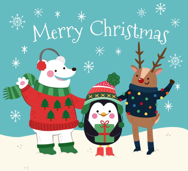 彩绘圣诞节雪地熊鹿和企鹅矢量图素材中国网精选