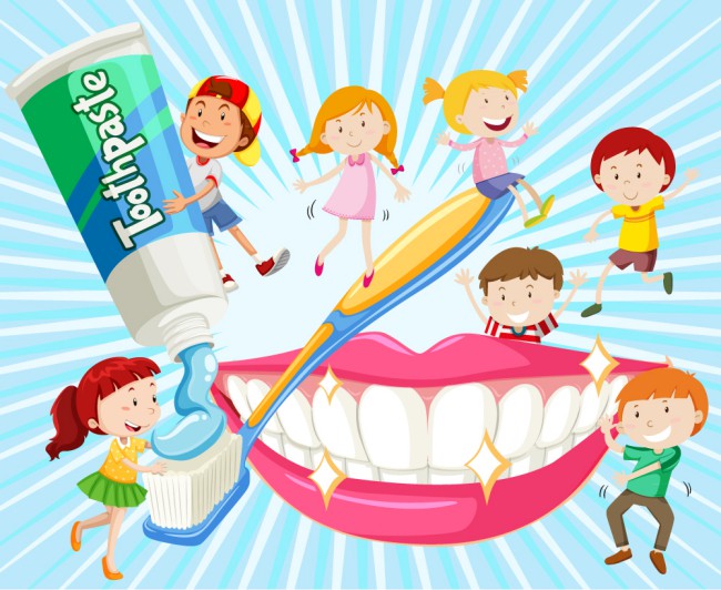 卡通用牙刷刷牙的7个儿童矢量图16