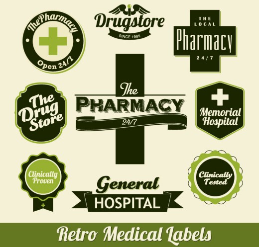 9款复古绿色医疗标签矢量图素材中