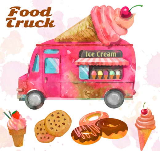 水彩绘冰淇淋车和4款甜品矢量素材普贤居素材网精选