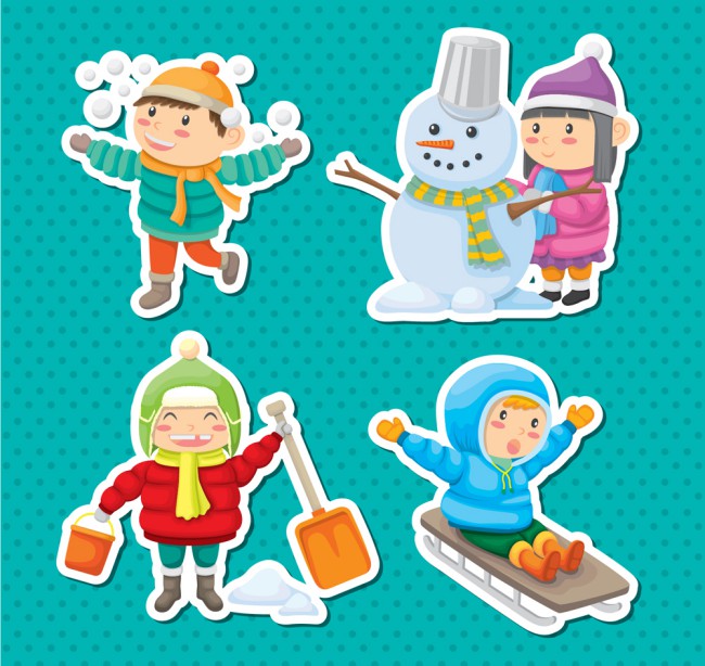 4款可爱冬季儿童贴纸矢量图素材中国网精选