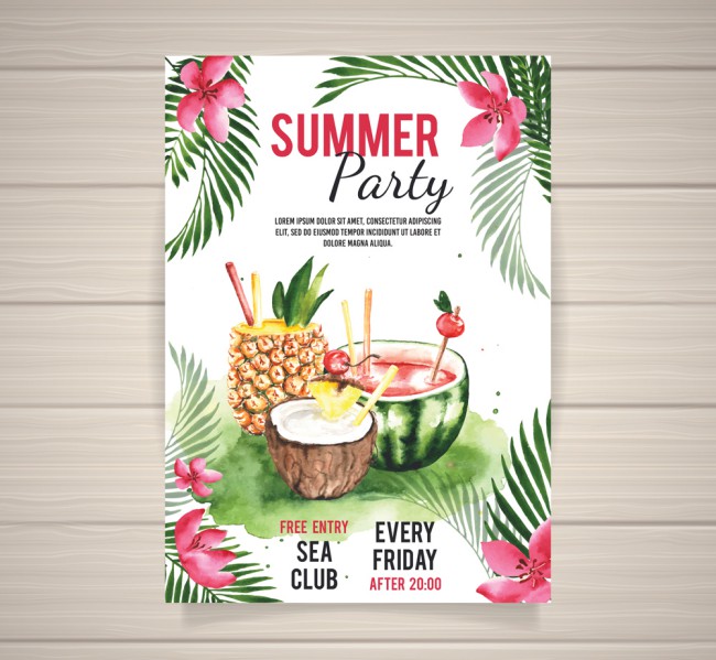 水彩绘饮料夏季派对海报矢量图16设计网精选