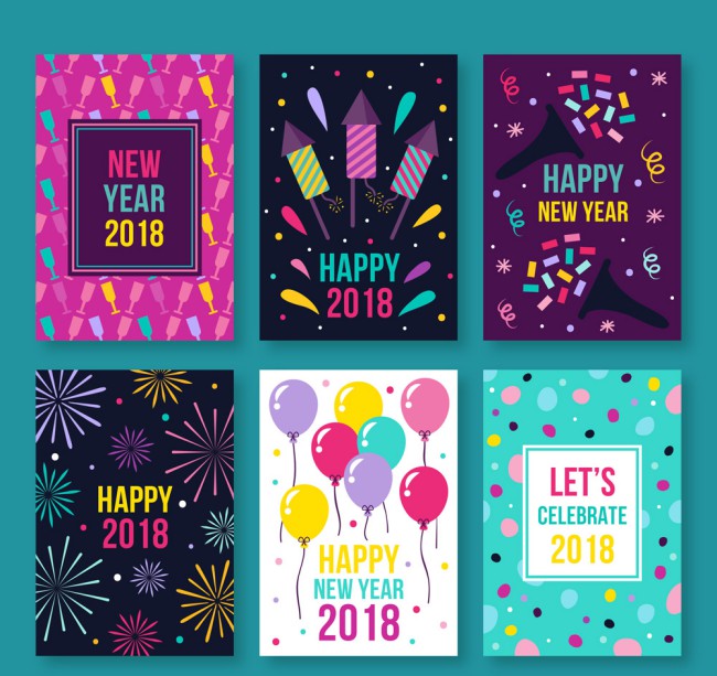 6款彩色新年快乐卡片矢量素材16图库网精选
