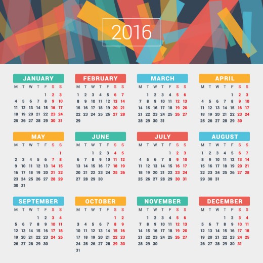 2016彩色年历设计矢量图16素材网精选