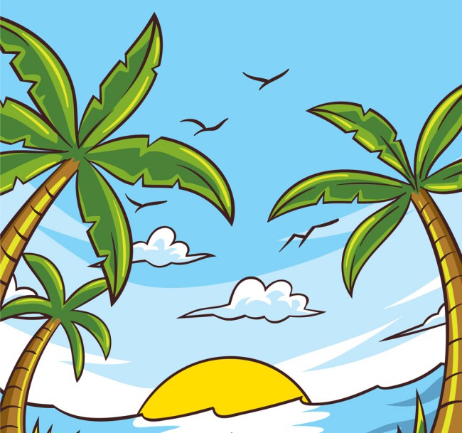彩绘沙滩椰树风景矢量素材16图库网精选