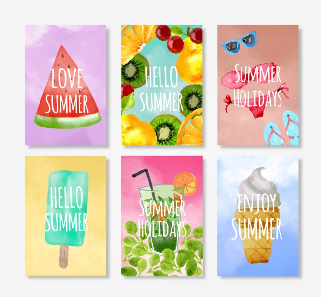 6款水彩绘夏季食物卡片矢量素材普贤居素材网精选