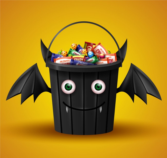 卡通装满糖果的万圣节蝙蝠桶矢量图普贤居素材网精选