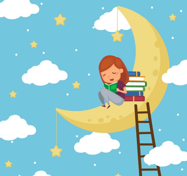 创意月亮上读书的女孩矢量素材素材