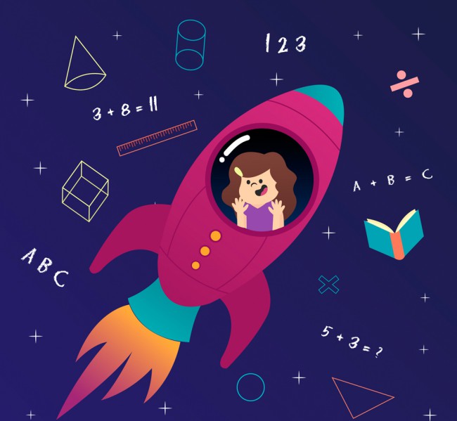 卡通乘坐宇宙飞船的女孩矢量素材16图库网精选