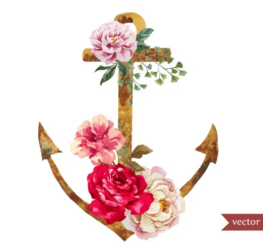 水彩玫瑰和船锚矢量素材16图库网精